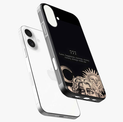 Mystic Victory Aura Glass Case laid diagonally highlighting side profile, edges and glossy glass shine.