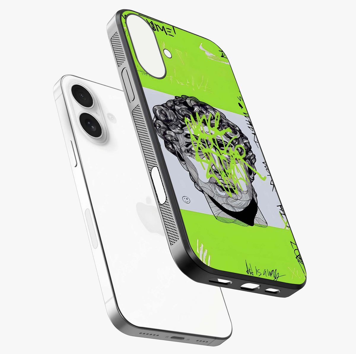Neo Graffiti Rebellion Glass Case laid diagonally highlighting side profile, edges and glossy glass shine.