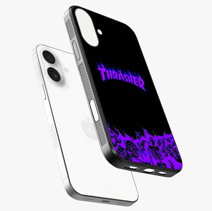 Neon Flame Riot Glass Case laid diagonally highlighting side profile, edges and glossy glass shine.