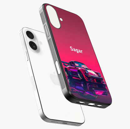 Neon Pink Porsche Glass Case laid diagonally highlighting side profile, edges and glossy glass shine.