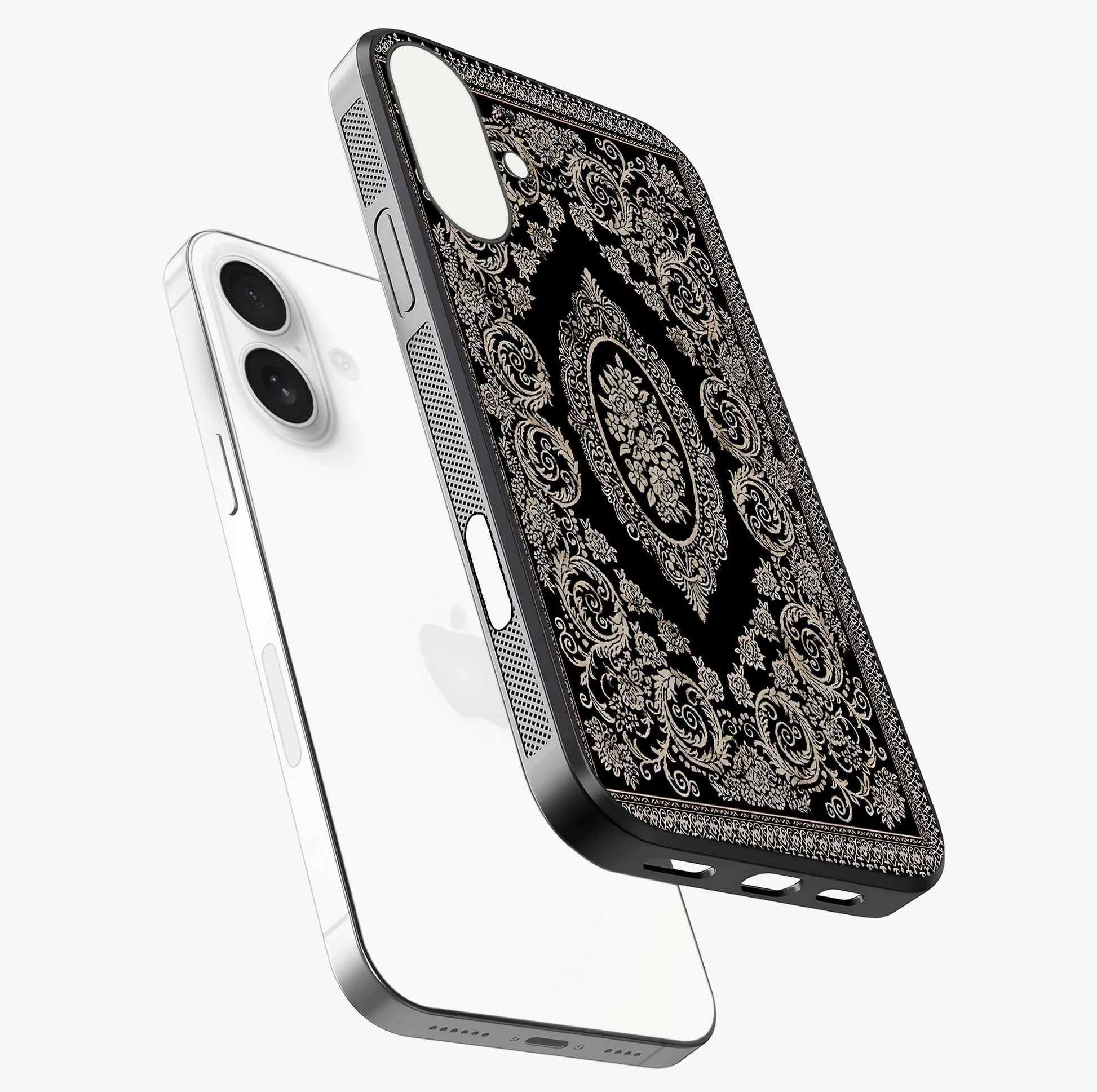 Noir Bloom Elegance Glass Case laid diagonally highlighting side profile, edges and glossy glass shine.