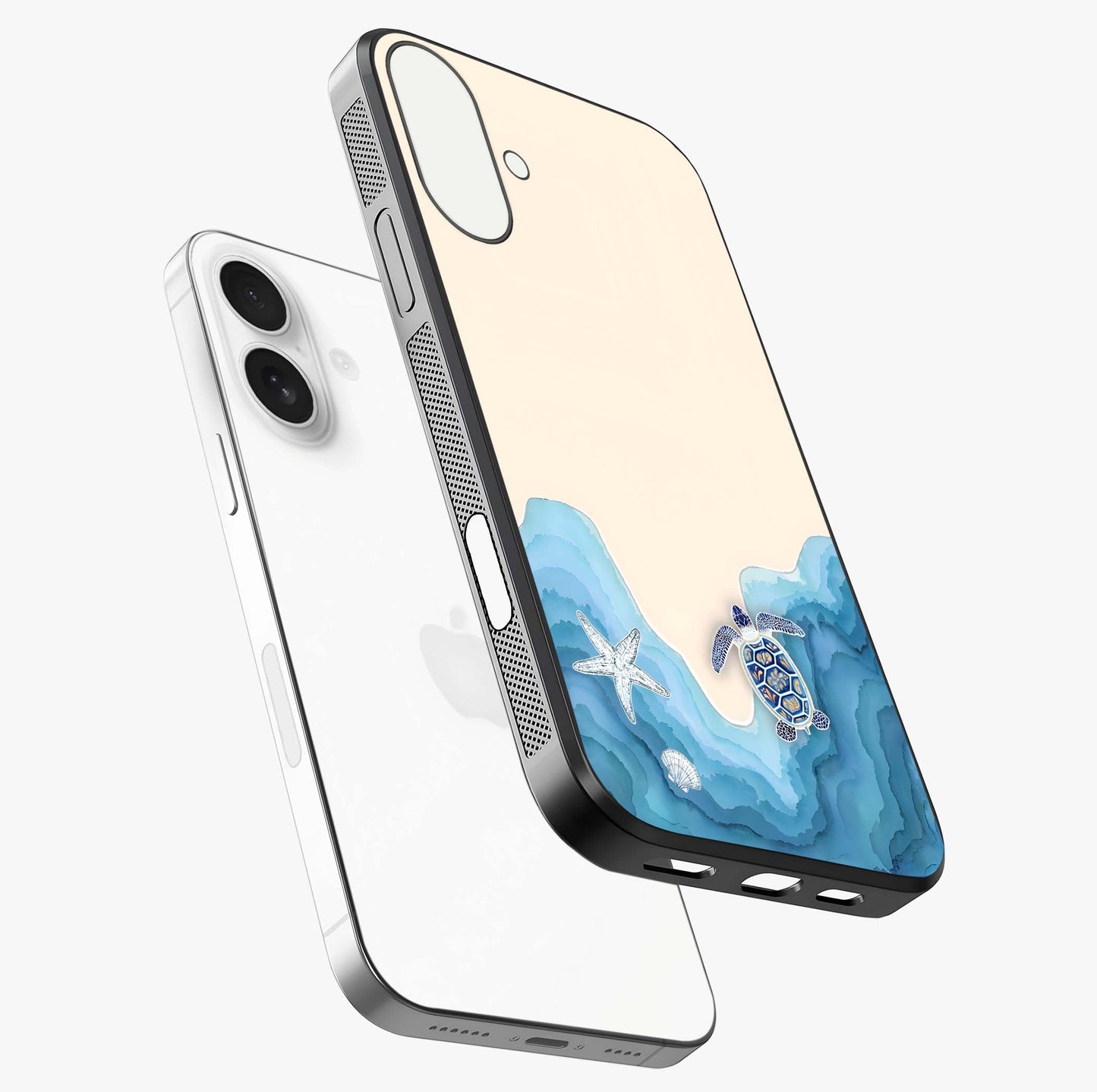 Ocean Drift Turtle Glass Case laid diagonally highlighting side profile, edges and glossy glass shine.
