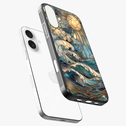 Oceanic Stained Printed Glass Case laid diagonally highlighting side profile, edges and glossy glass shine.