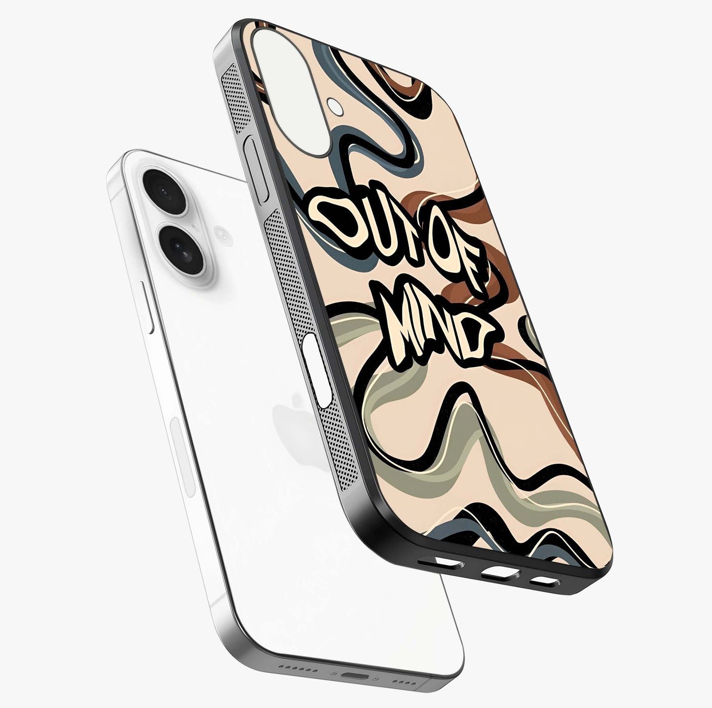 Out Of Mind Glass Case laid diagonally highlighting side profile, edges and glossy glass shine.