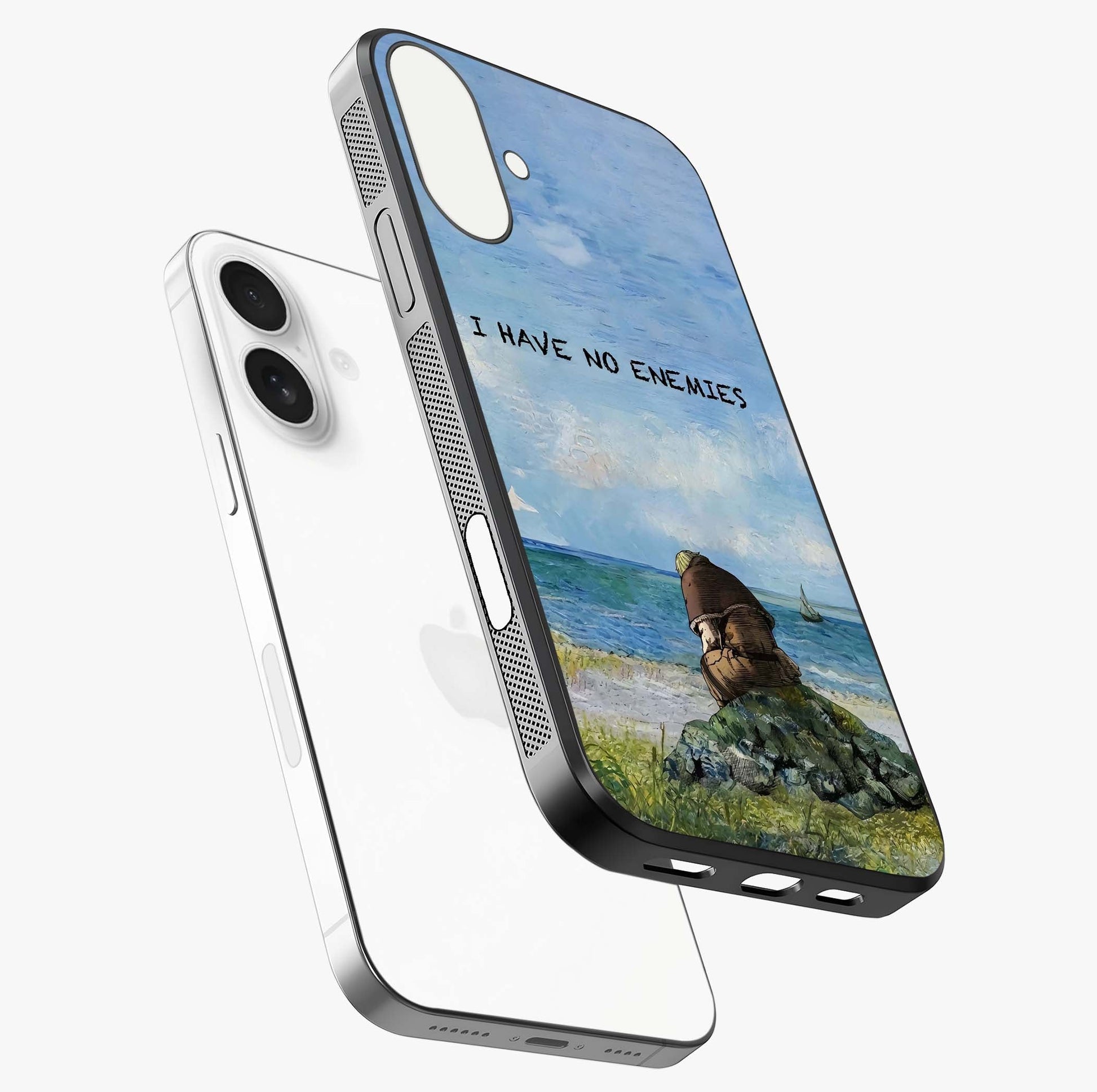 Peace Beyond War Glass Case laid diagonally highlighting side profile, edges and glossy glass shine.