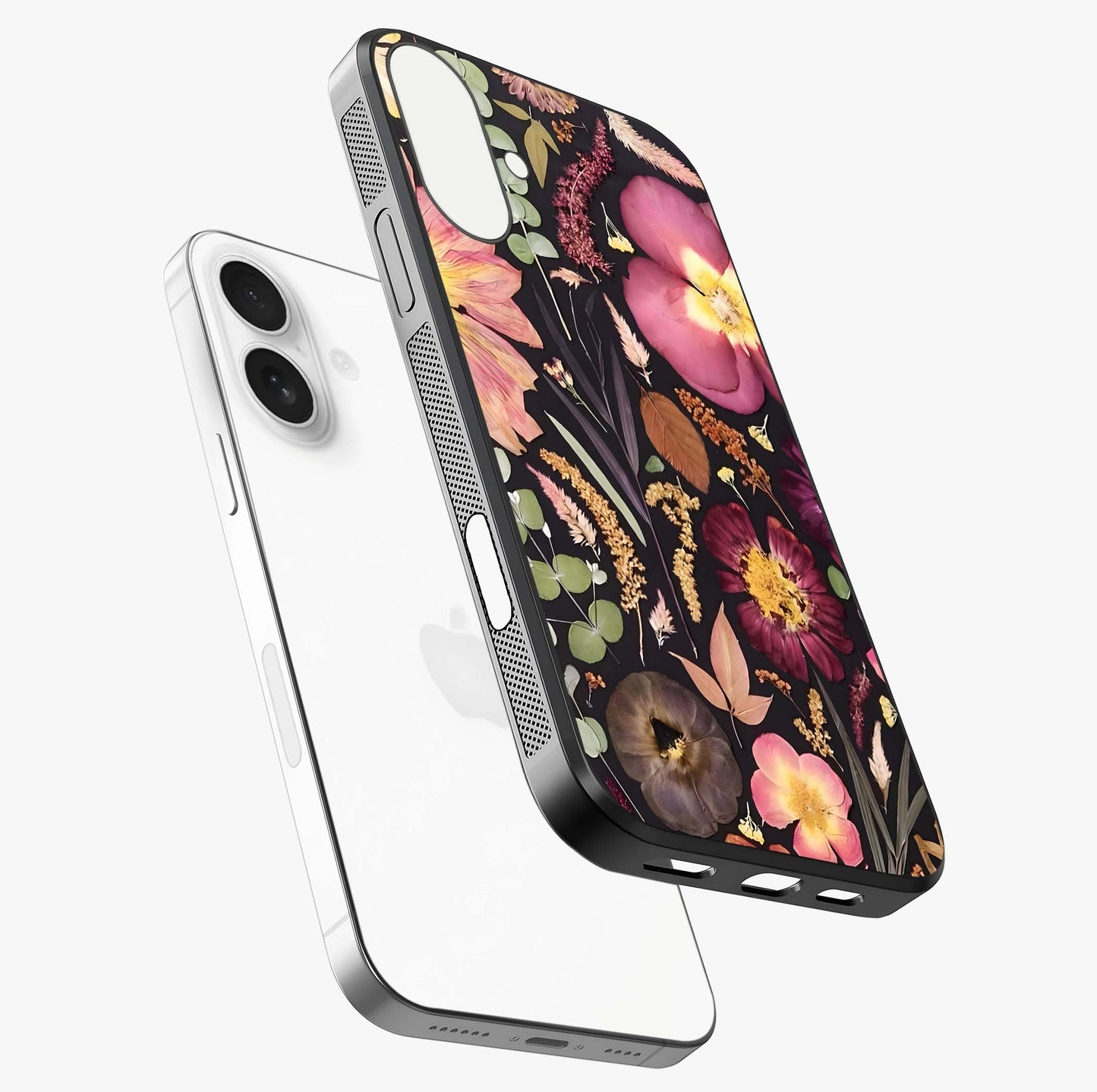 Petal Dream Tapestry Glass Case laid diagonally highlighting side profile, edges and glossy glass shine.