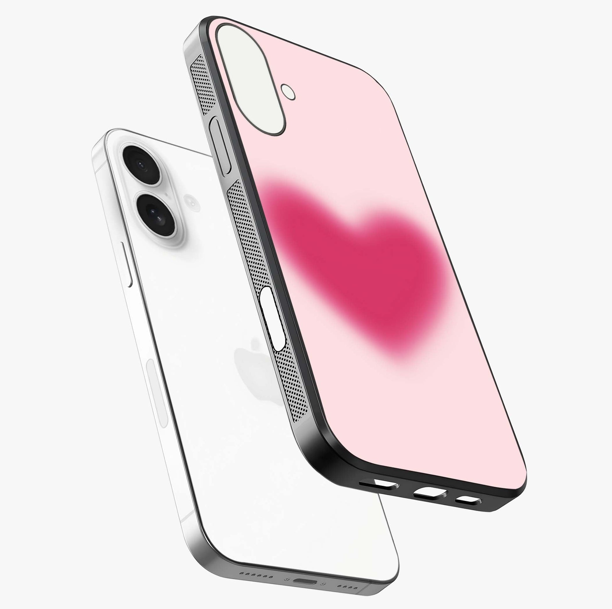Pink Aura Heart Glass Case laid diagonally highlighting side profile, edges and glossy glass shine.