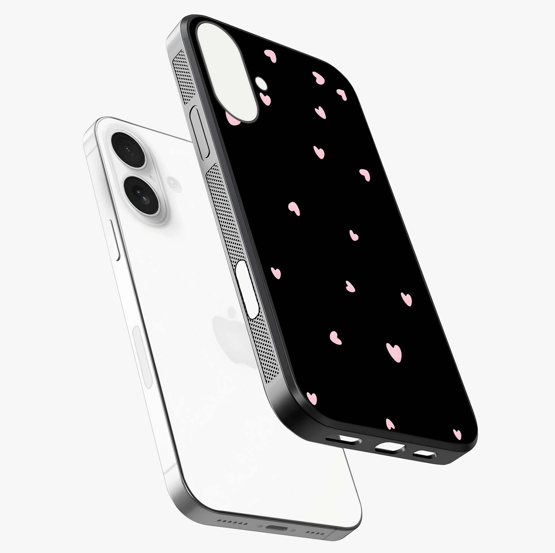 Pink Love Drops Glass Case laid diagonally highlighting side profile, edges and glossy glass shine.