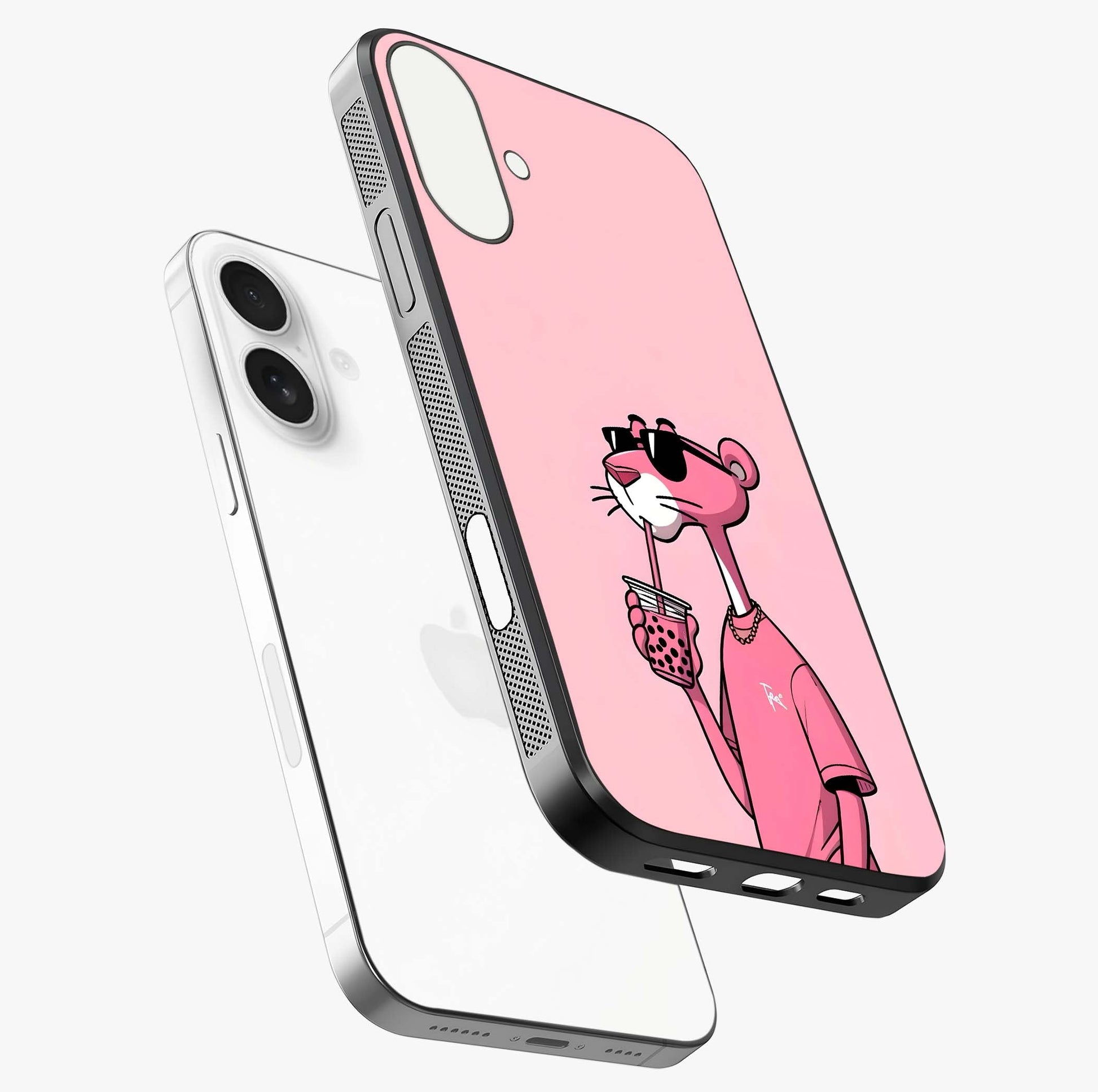 Pink Panther Glass Case laid diagonally highlighting side profile, edges and glossy glass shine.