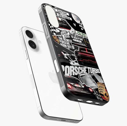 Porsche Racing Collage Glass Case laid diagonally highlighting side profile, edges and glossy glass shine.