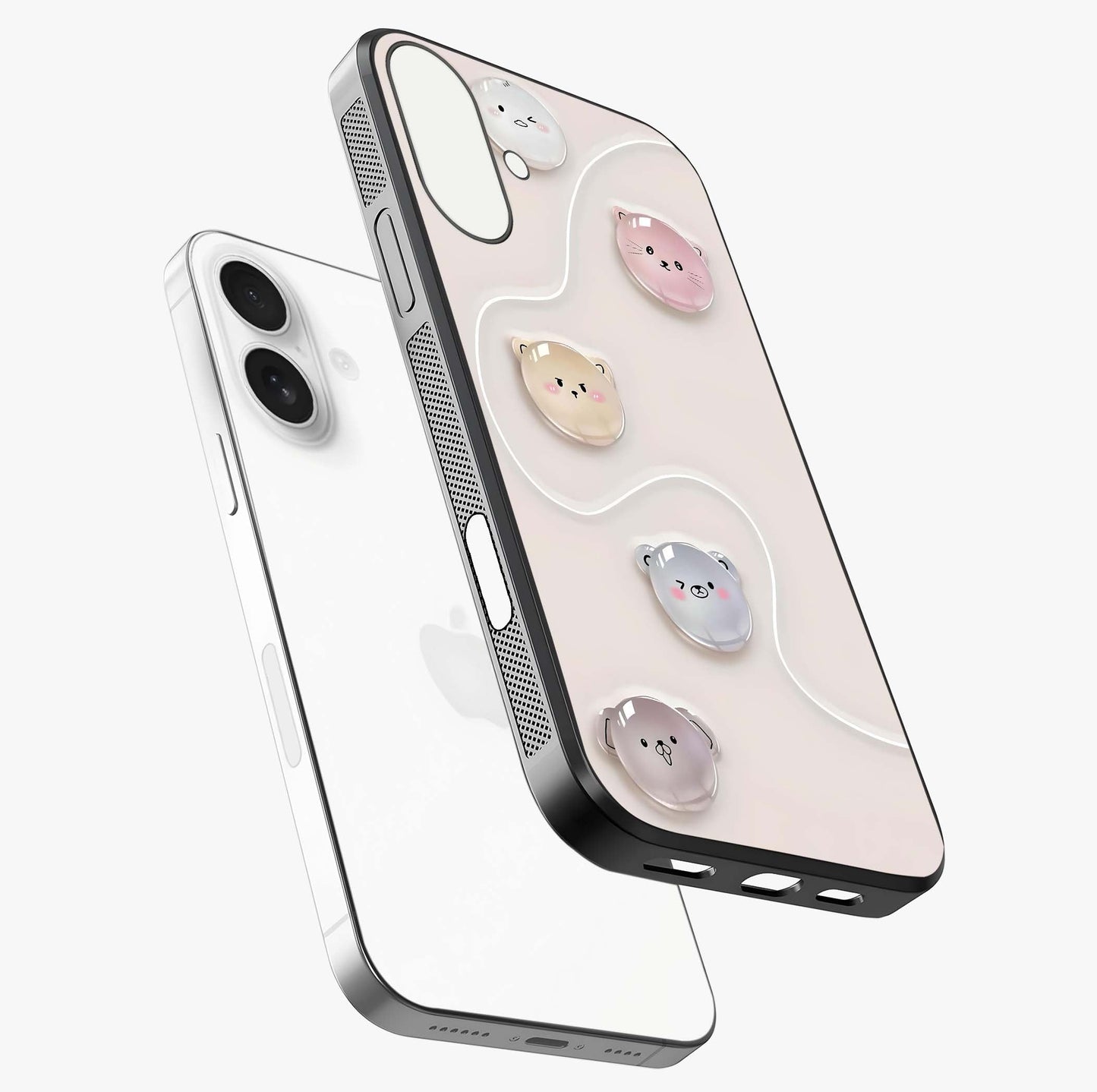 Puffy Face Parade Glass Case laid diagonally highlighting side profile, edges and glossy glass shine.