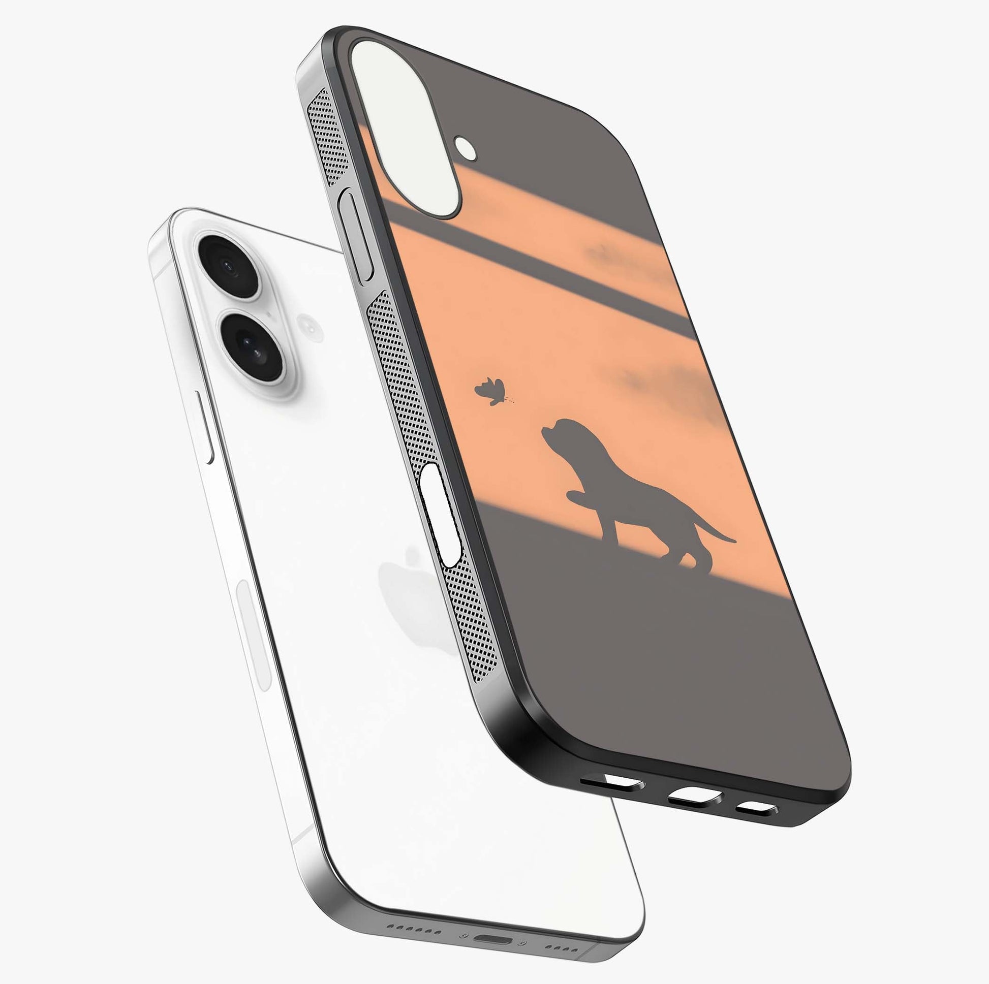 Puppy Shadow Art Glass Case laid diagonally highlighting side profile, edges and glossy glass shine.