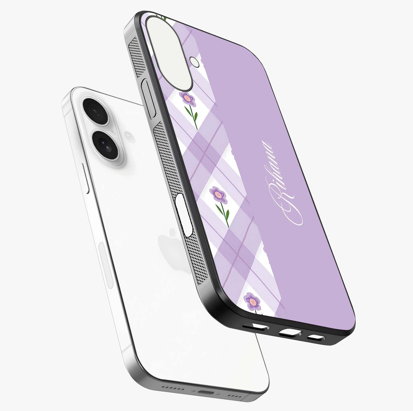 Purple Diamond Floral Glass Case laid diagonally highlighting side profile, edges and glossy glass shine.