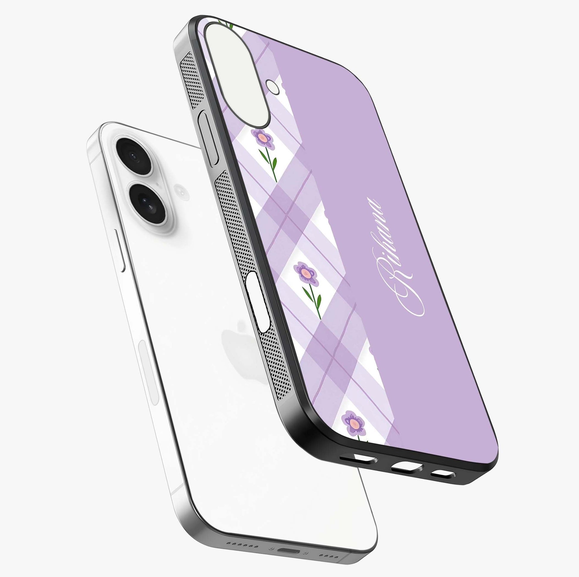 Purple Diamond Floral Glass Case laid diagonally highlighting side profile, edges and glossy glass shine.