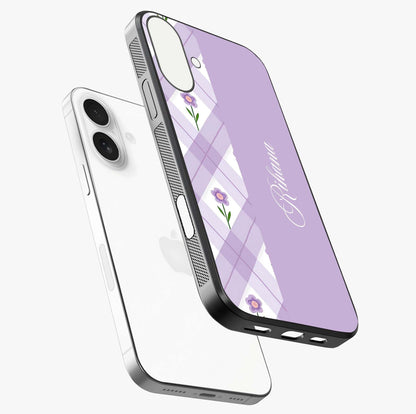 Purple Diamond Floral Glass Case laid diagonally highlighting side profile, edges and glossy glass shine.