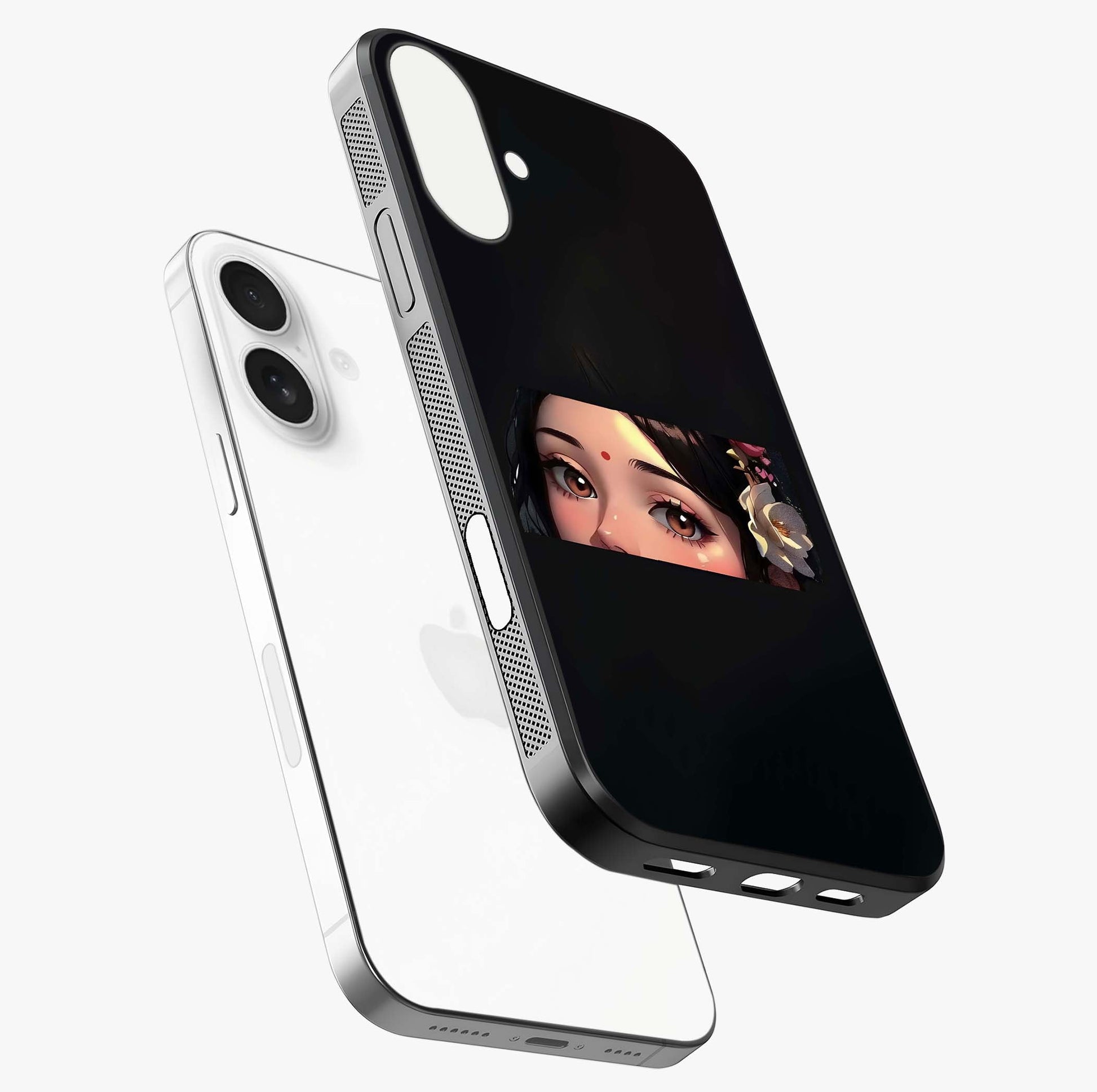 Radha Divine Embrace Glass Case laid diagonally highlighting side profile, edges and glossy glass shine.
