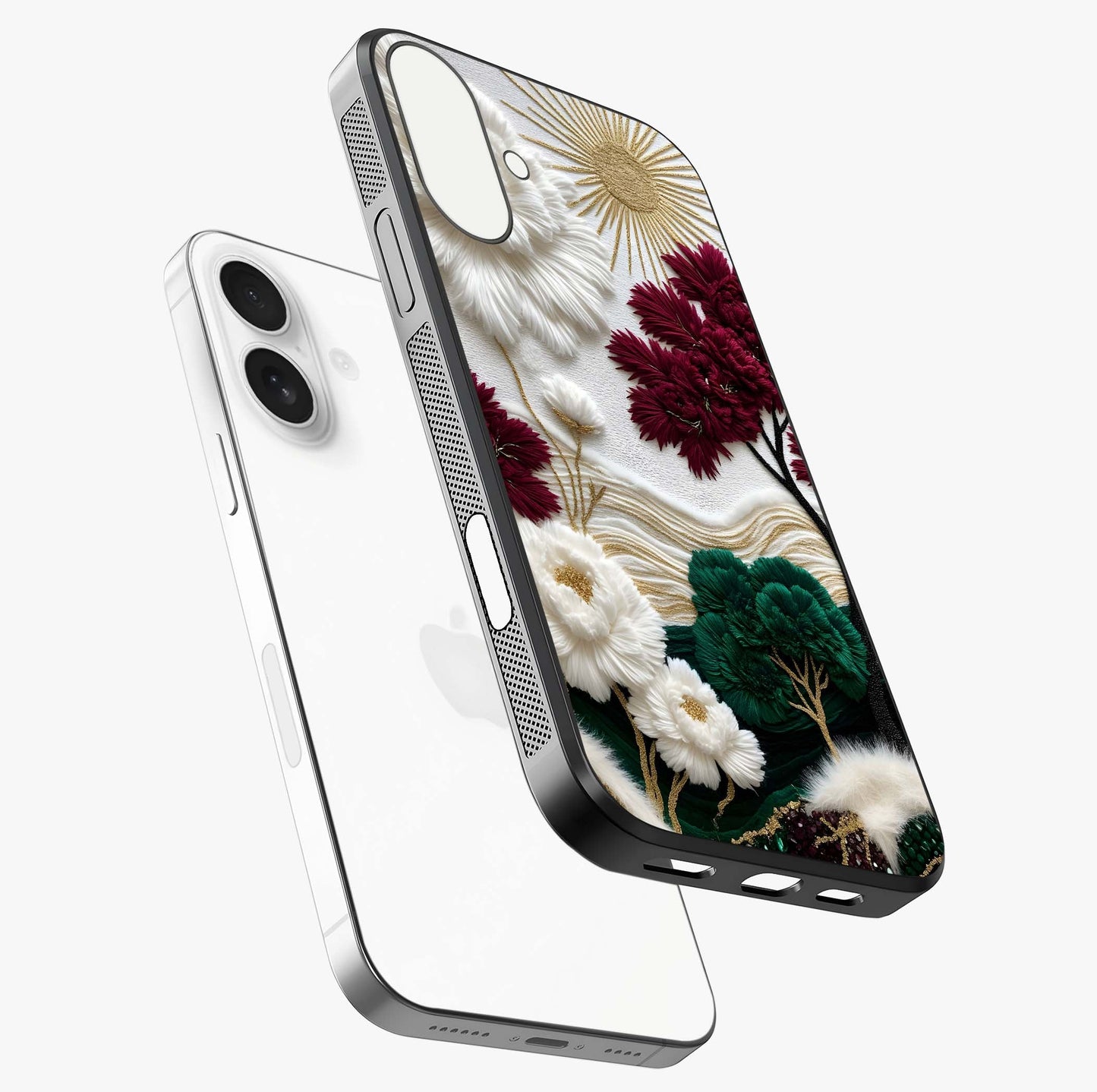 Radiant Bloom Elegance Glass Case laid diagonally highlighting side profile, edges and glossy glass shine.