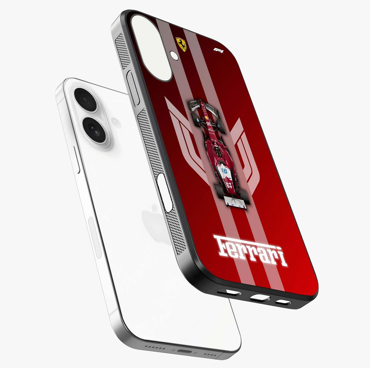 Red Ferrari F1 Vertical Glass Case laid diagonally highlighting side profile, edges and glossy glass shine.