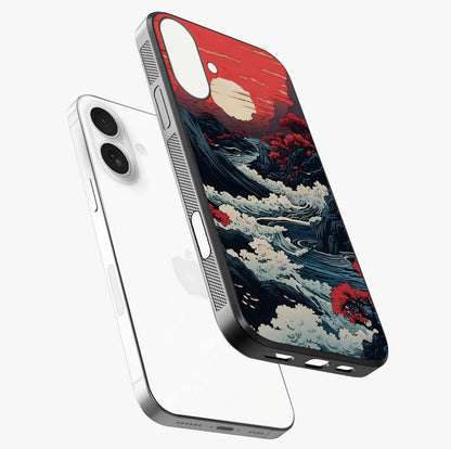 Red Sunset Scenery Glass Case laid diagonally highlighting side profile, edges and glossy glass shine.