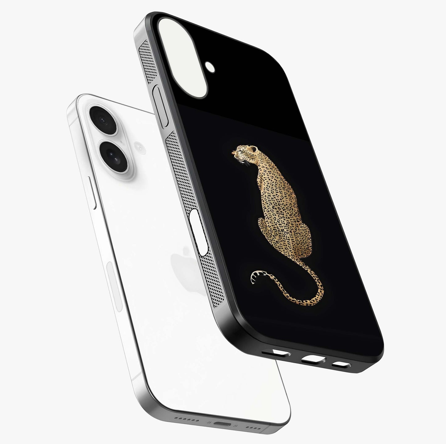 Regal Leopard Glass Case laid diagonally highlighting side profile, edges and glossy glass shine.