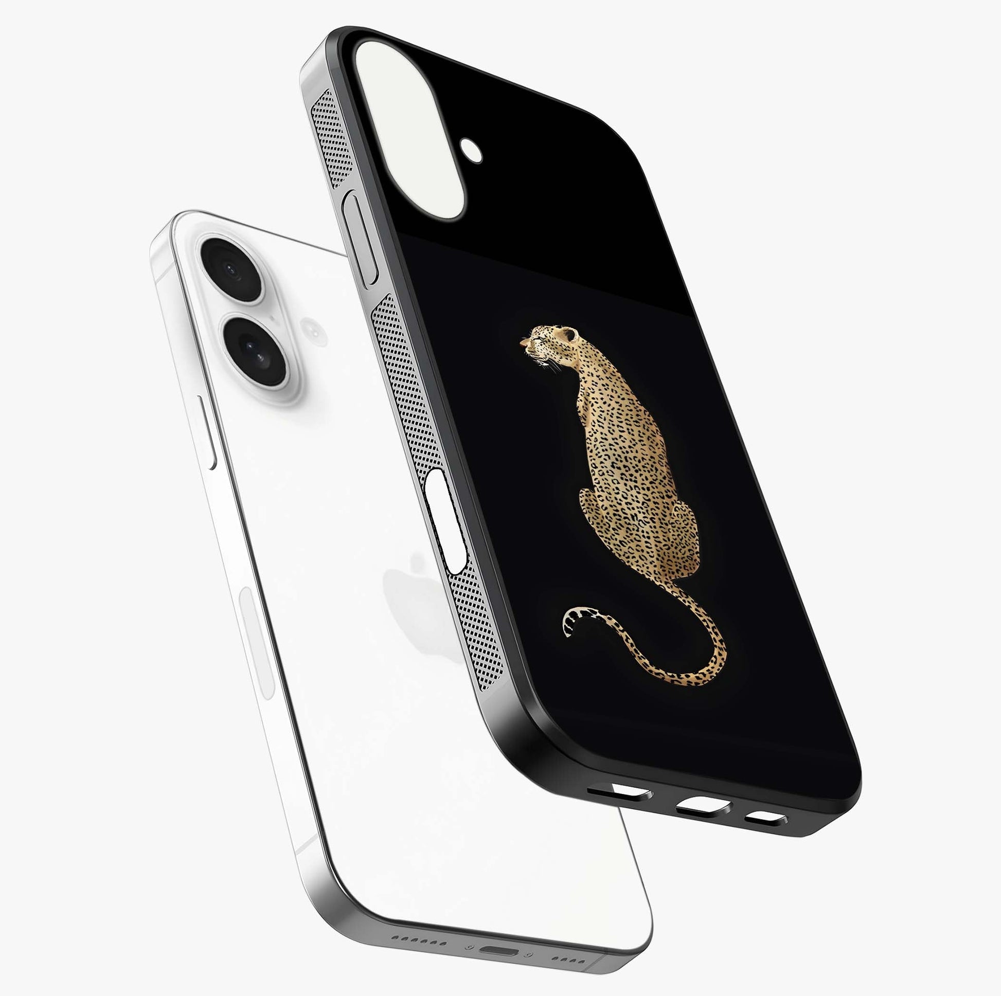Regal Leopard Glass Case laid diagonally highlighting side profile, edges and glossy glass shine.