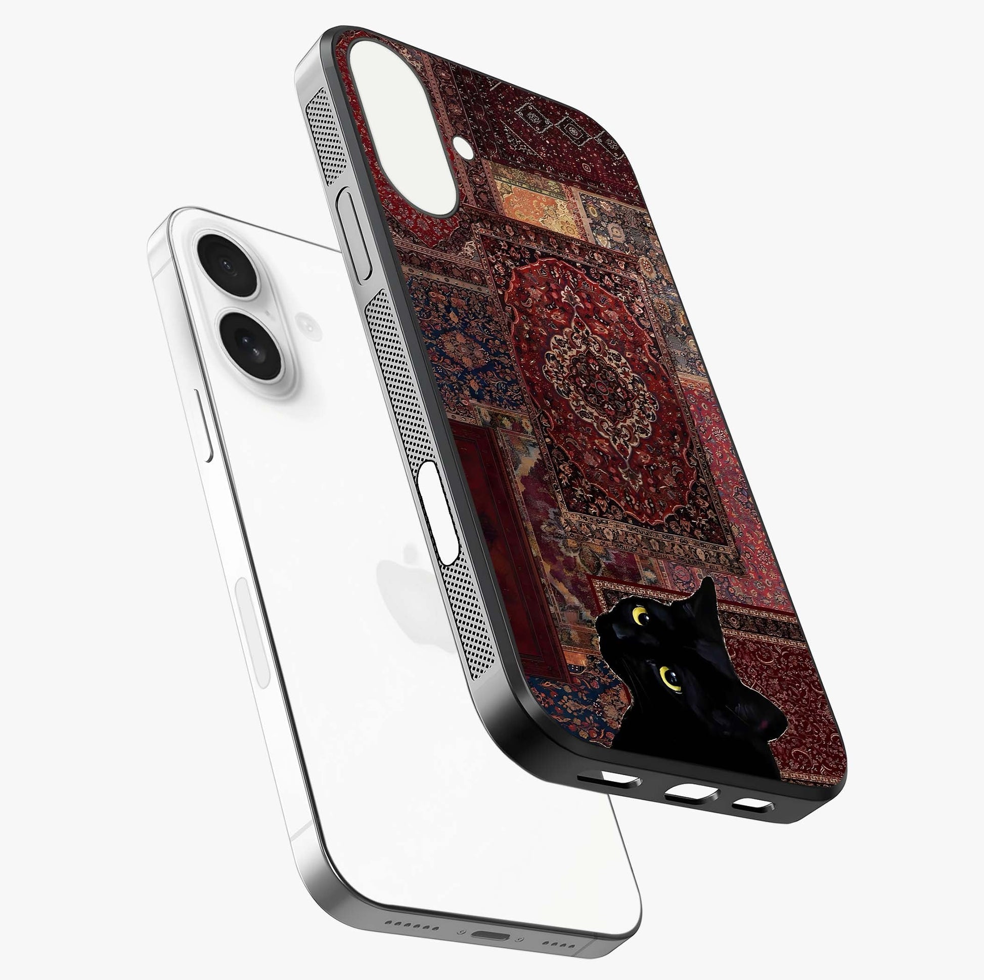 Regal Magic Cat Apple Glass Case laid diagonally highlighting side profile, edges and glossy glass shine.