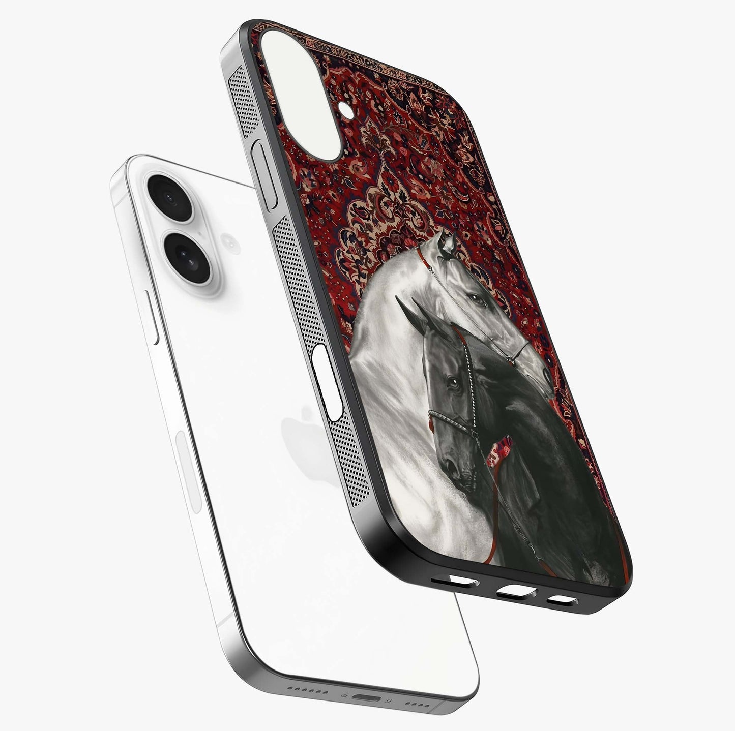 Regal Stallion Tapestry Glass Case laid diagonally highlighting side profile, edges and glossy glass shine.