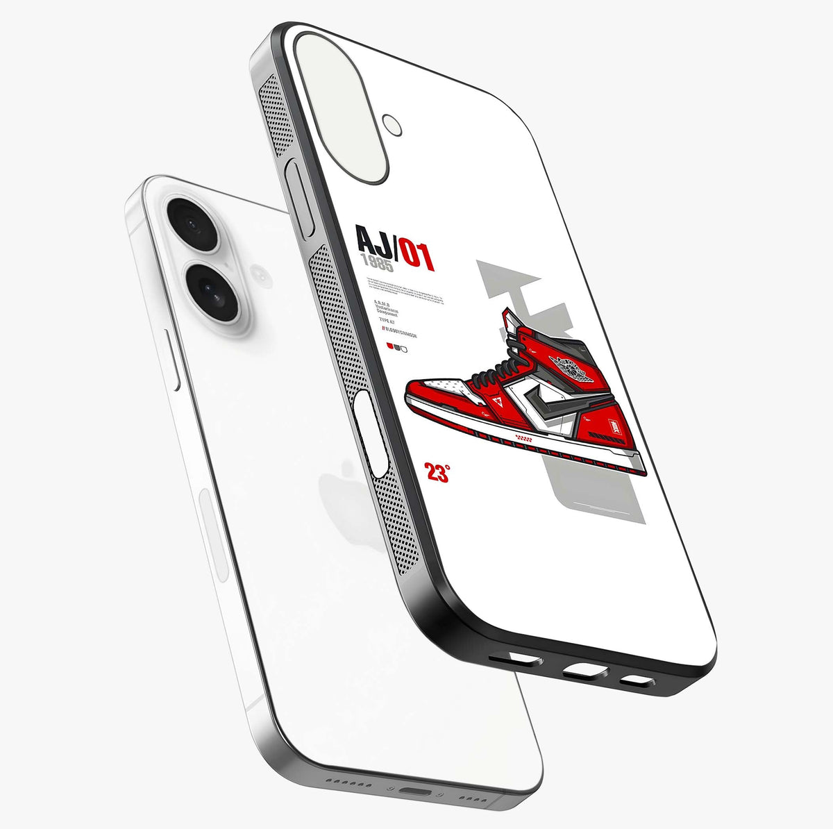 Retro Sneaker Blueprint Glass Case laid diagonally highlighting side profile, edges and glossy glass shine.