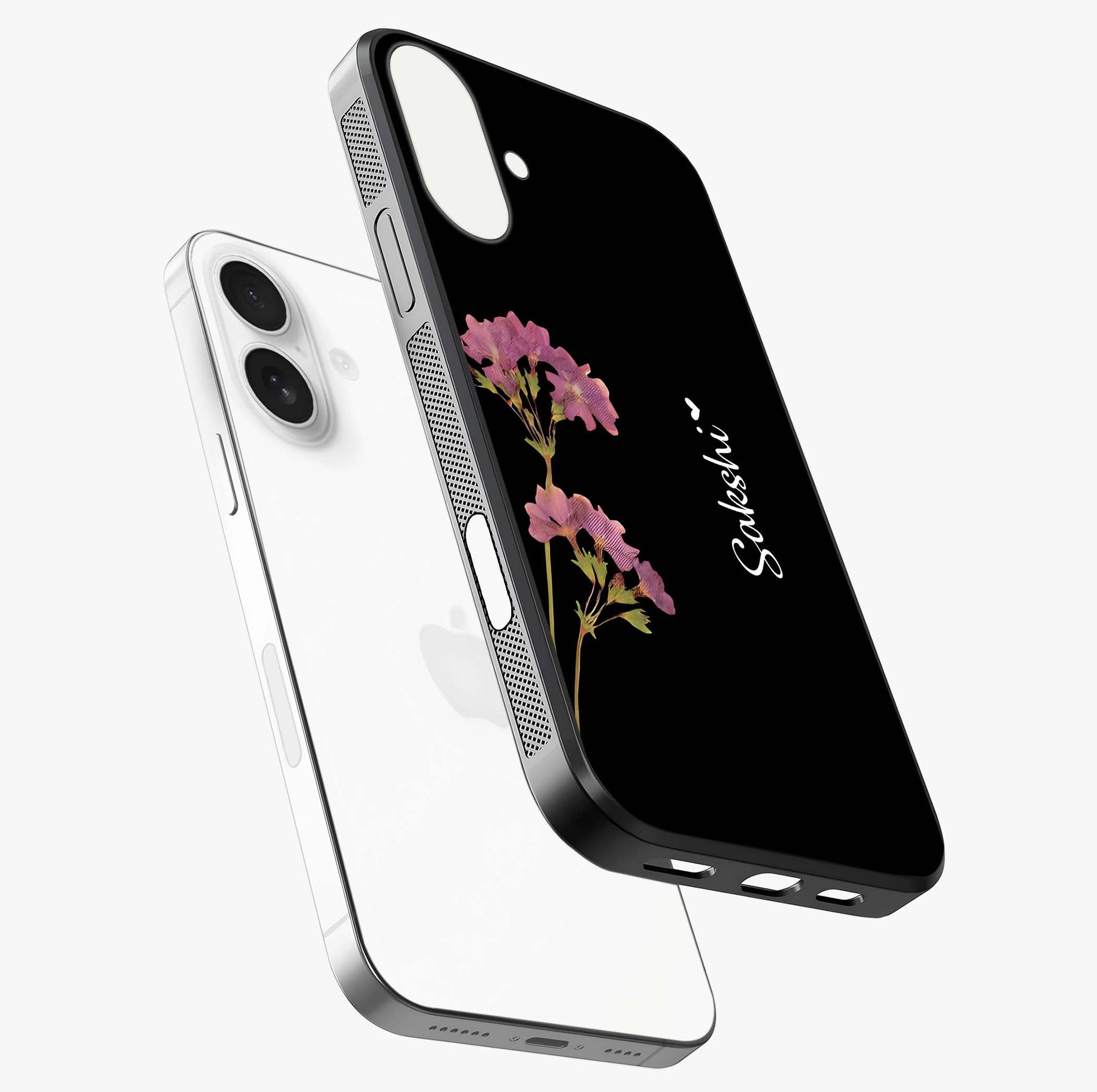 Riching Lavender Flower Custom Name Glass Case laid diagonally highlighting side profile, edges and glossy glass shine.