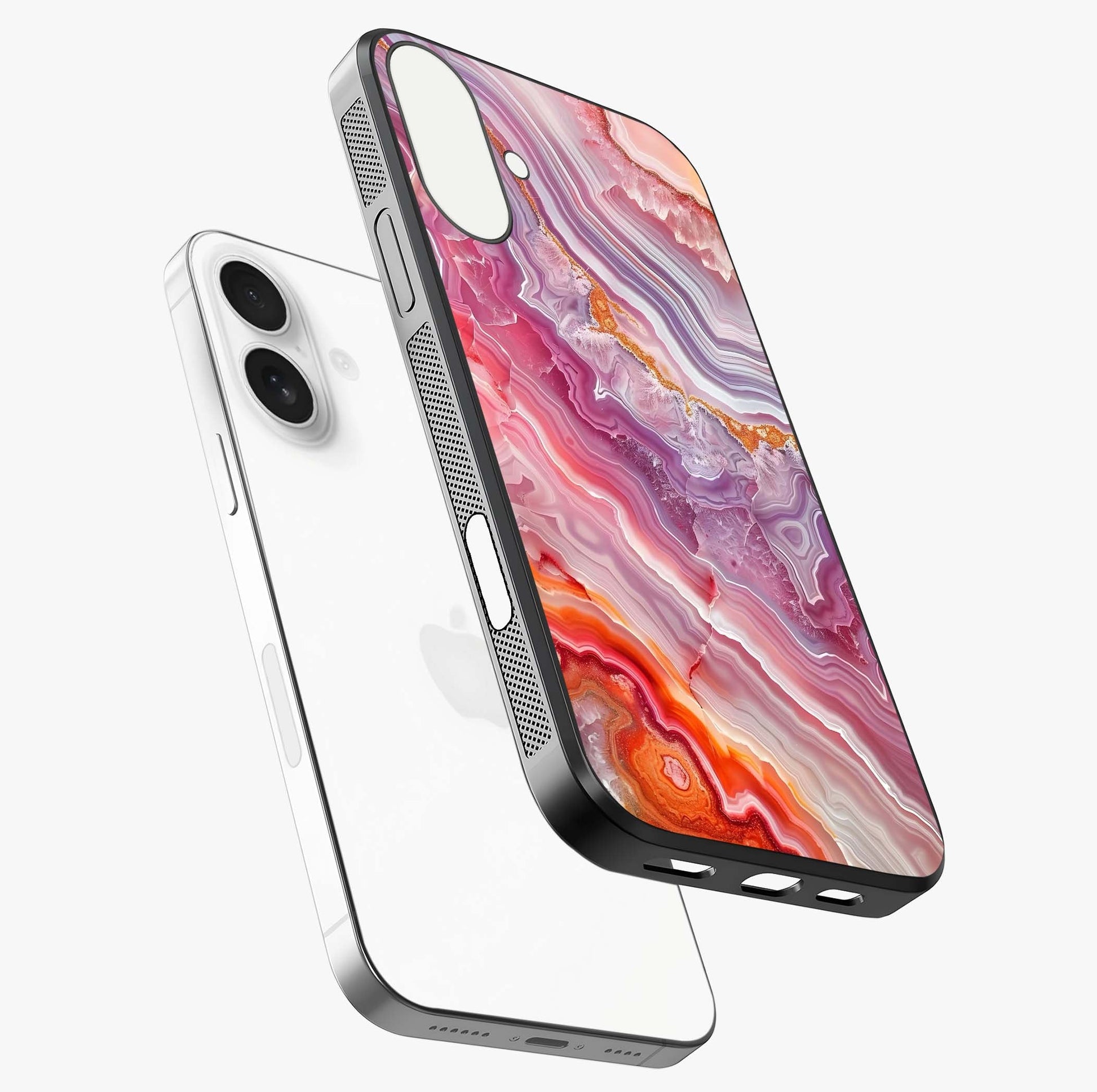 Rose Quartz Marble Glass Case laid diagonally highlighting side profile, edges and glossy glass shine.