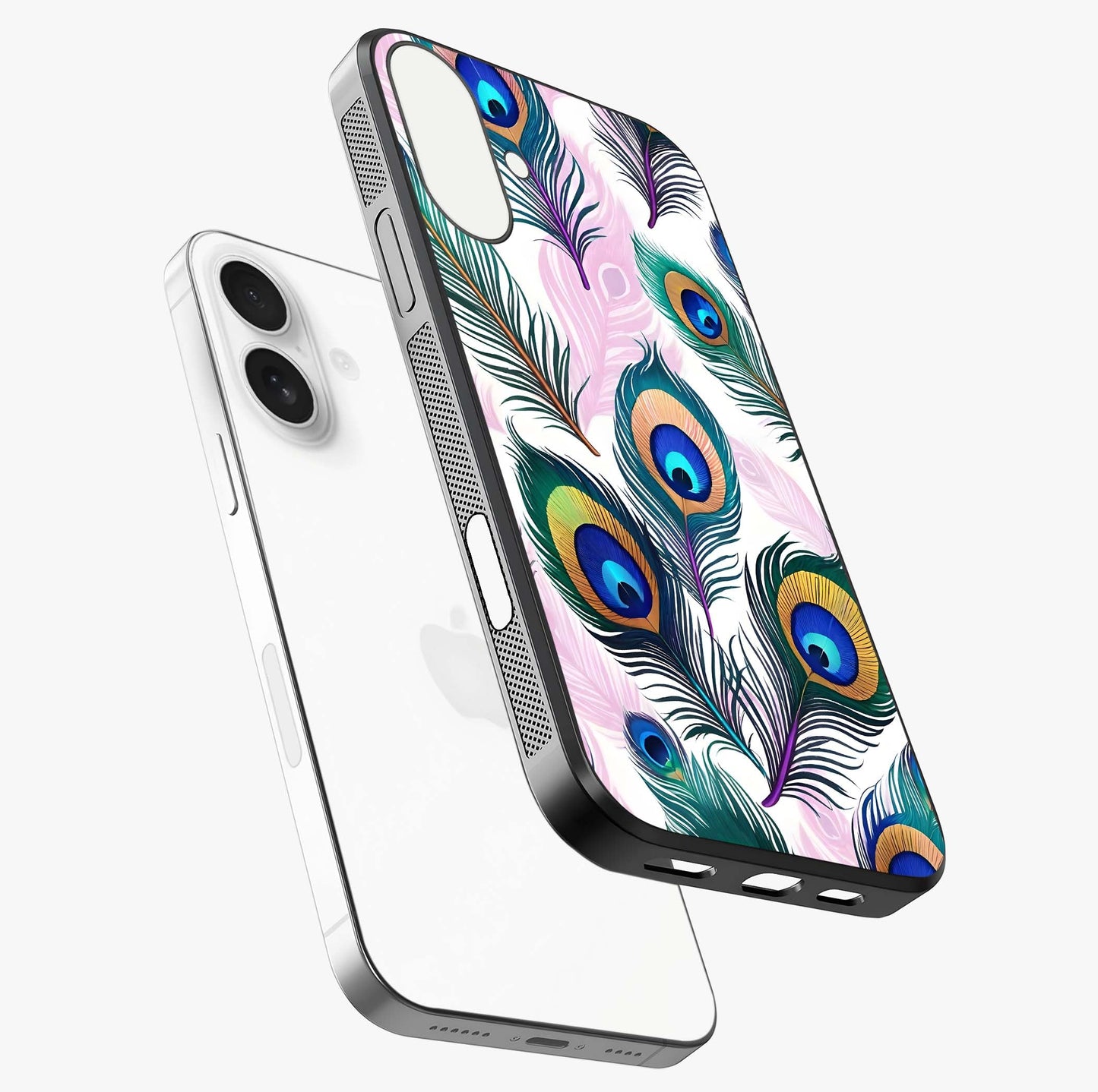 Royal Peacock Feathers Glass Case laid diagonally highlighting side profile, edges and glossy glass shine.