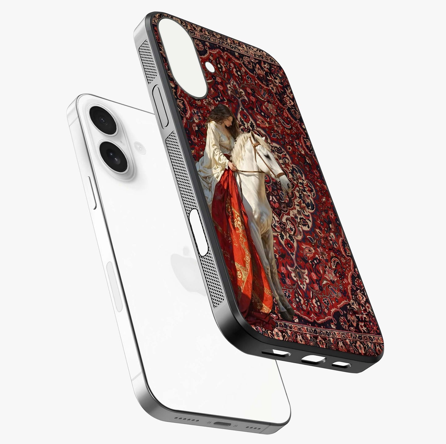 Royal Rider Tapestry Glass Case laid diagonally highlighting side profile, edges and glossy glass shine.