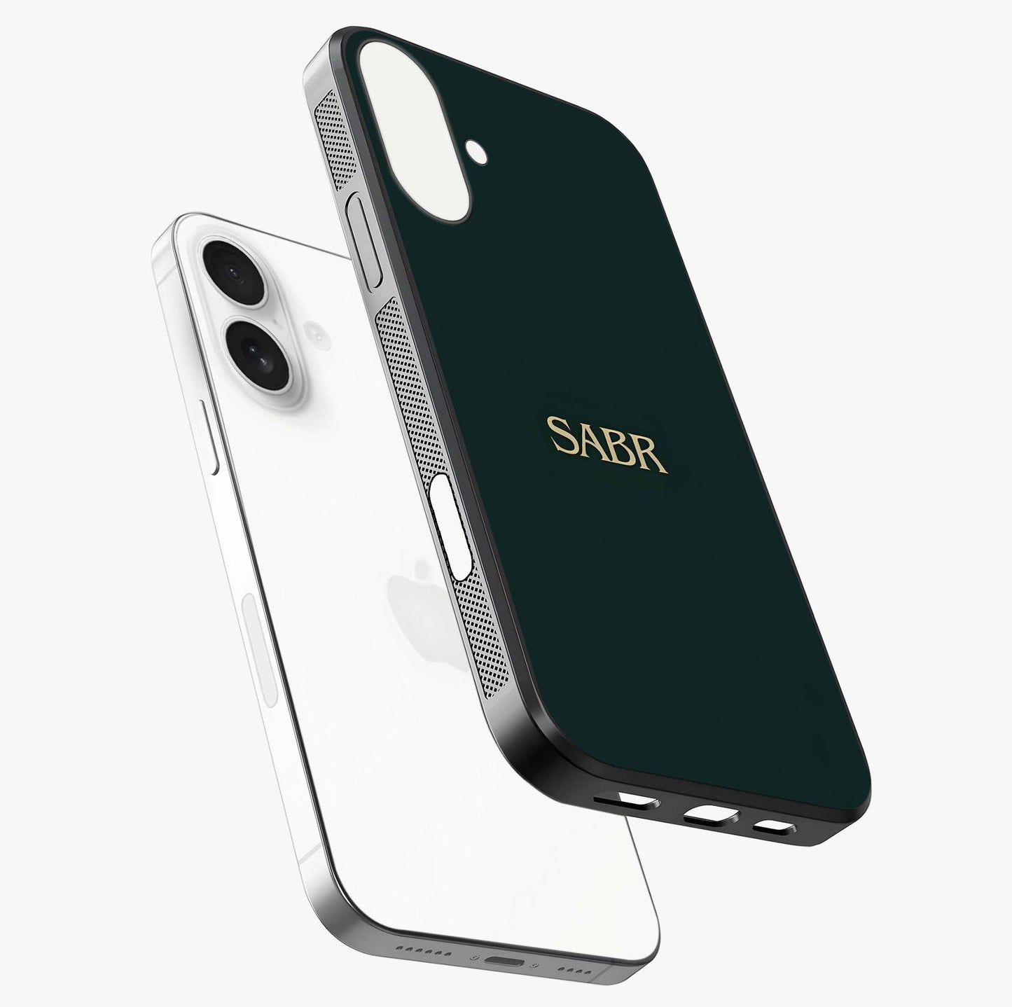 Sabr Minimal Patience Glass Case laid diagonally highlighting side profile, edges and glossy glass shine.