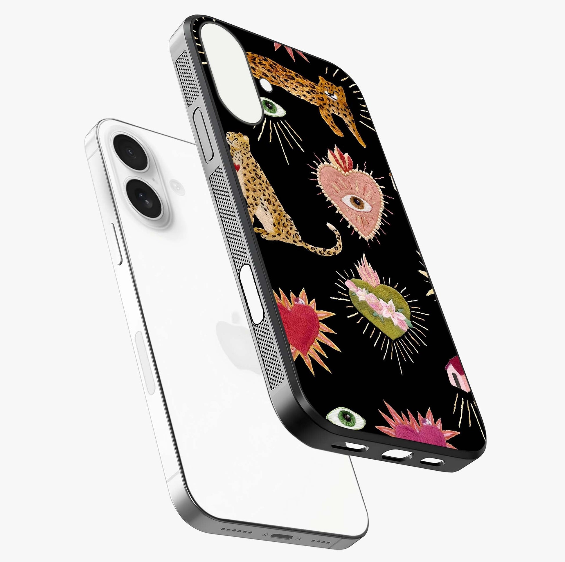 Sacred Jungle Heart Glass Case laid diagonally highlighting side profile, edges and glossy glass shine.