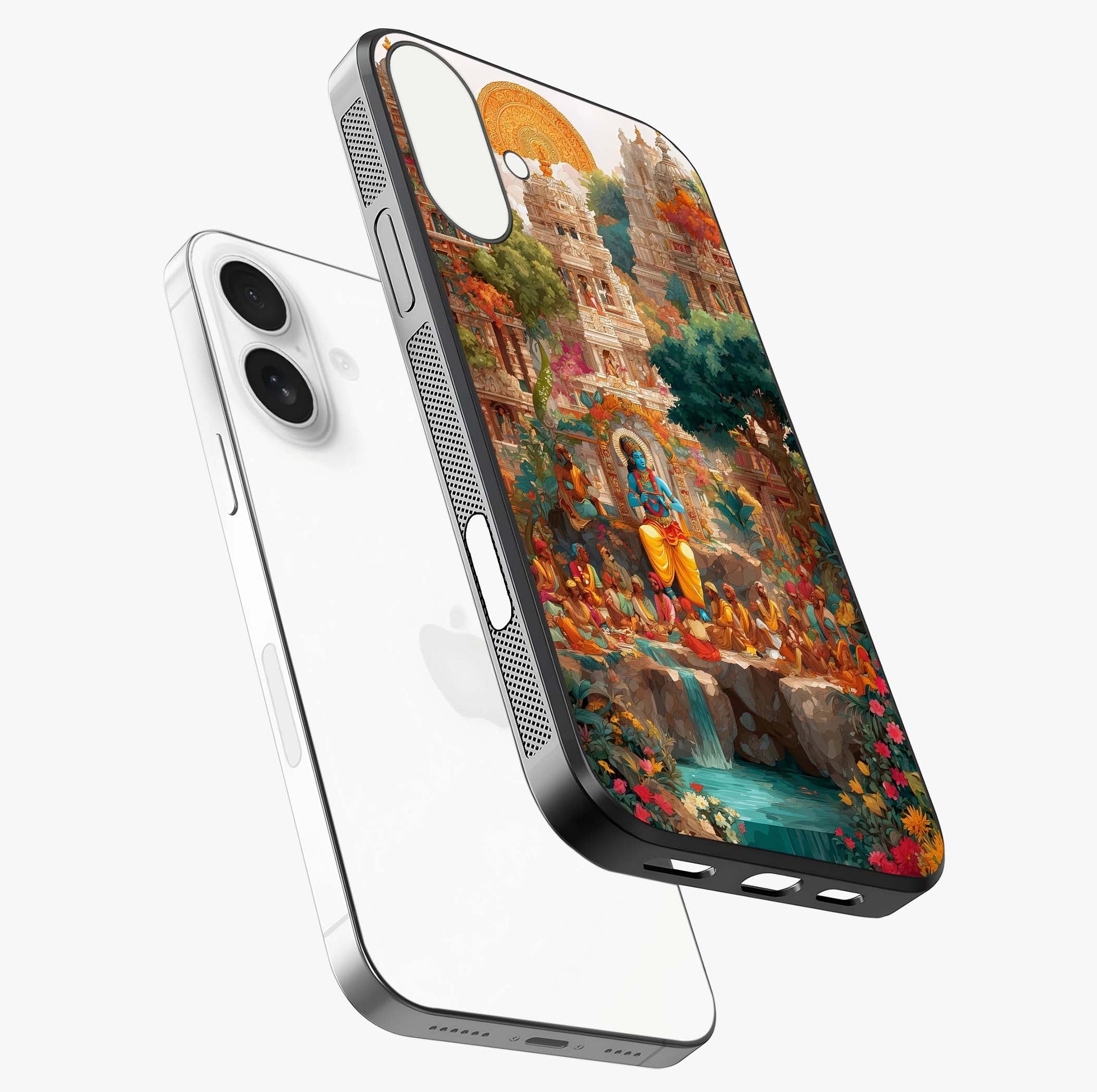 Sacred Sunlight Gods Glass Case laid diagonally highlighting side profile, edges and glossy glass shine.