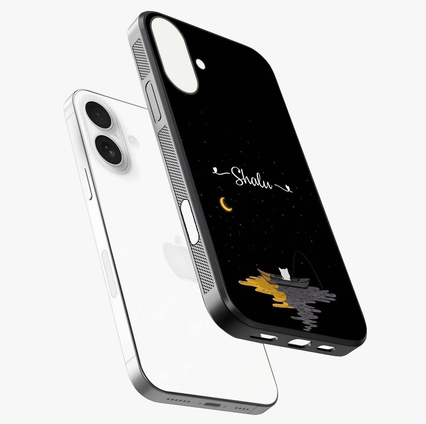 Silent Night Row Glass Case laid diagonally highlighting side profile, edges and glossy glass shine.
