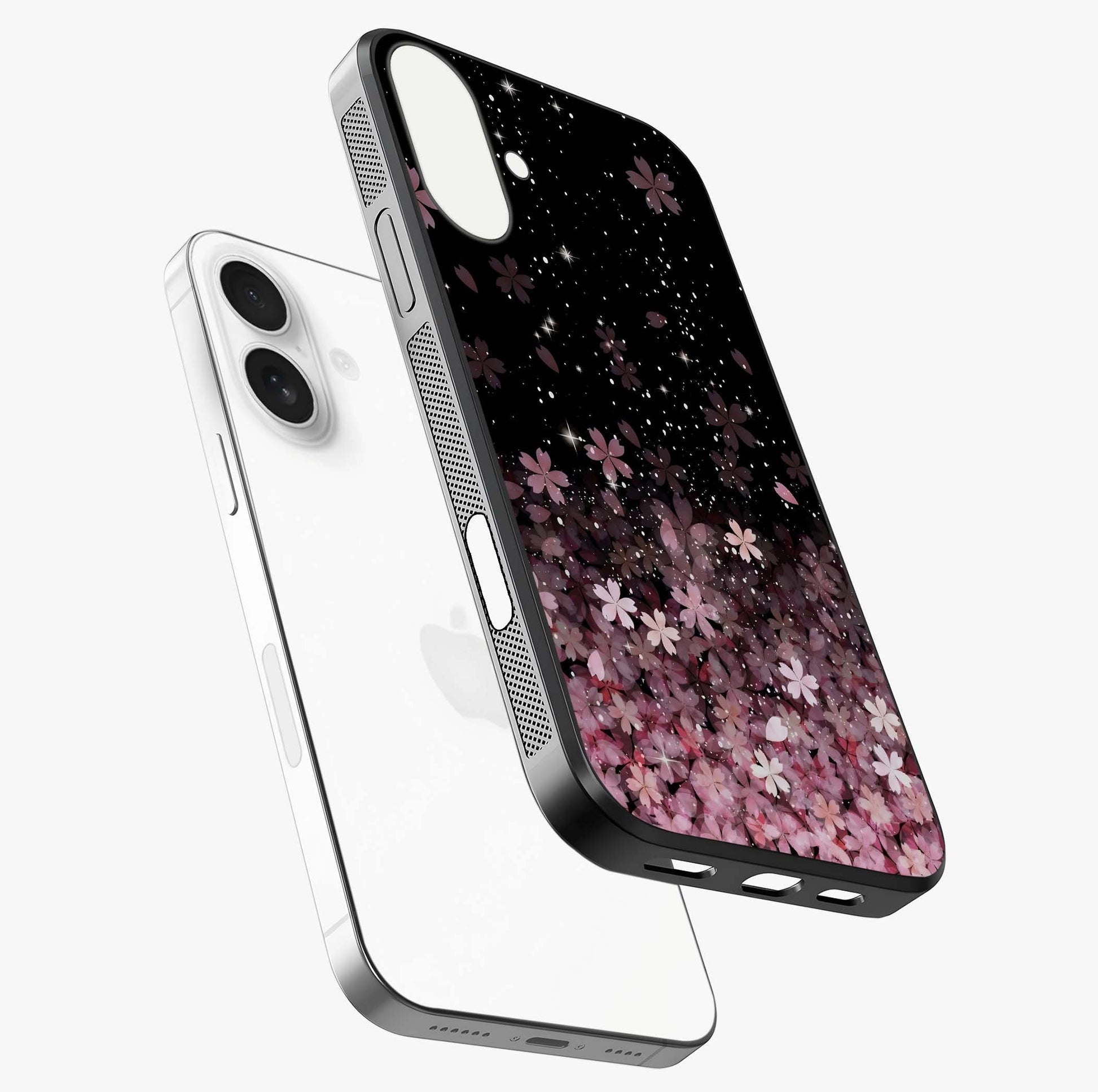 Small Starry Flowers Glass Case laid diagonally highlighting side profile, edges and glossy glass shine.