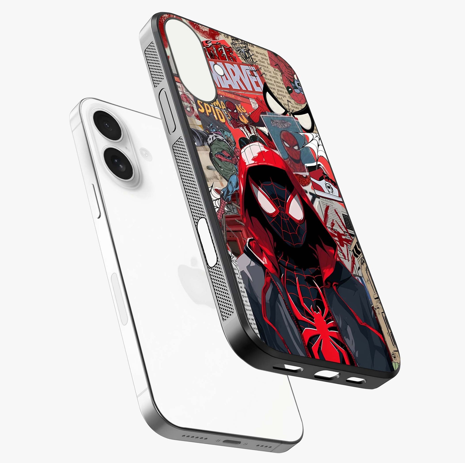 Spider Collage Street Glass Case laid diagonally highlighting side profile, edges and glossy glass shine.