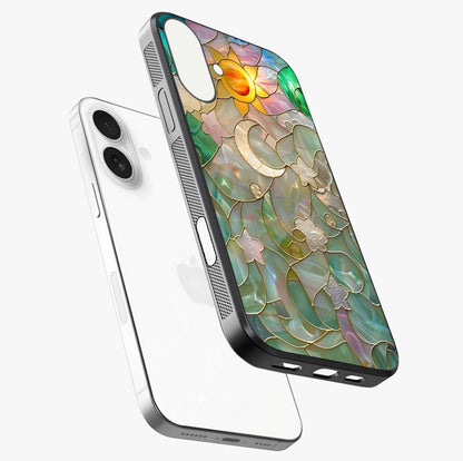 Stained Sunrise Glow Glass Case laid diagonally highlighting side profile, edges and glossy glass shine.
