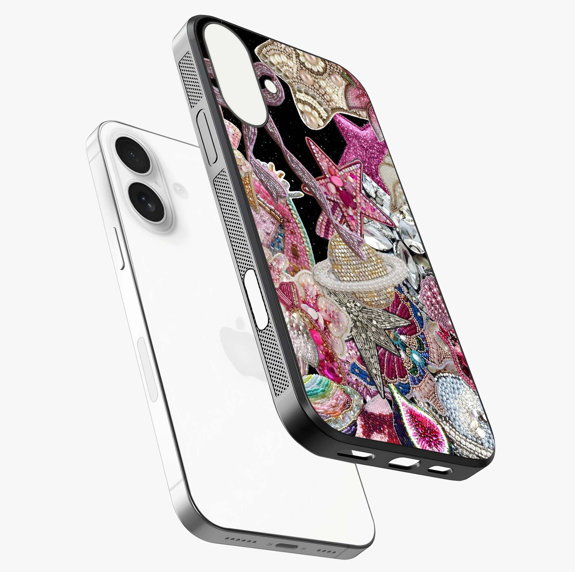 Starlit Jewel Dream Glass Case laid diagonally highlighting side profile, edges and glossy glass shine.