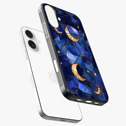Starlit Sky Tapestry Glass Case laid diagonally highlighting side profile, edges and glossy glass shine.