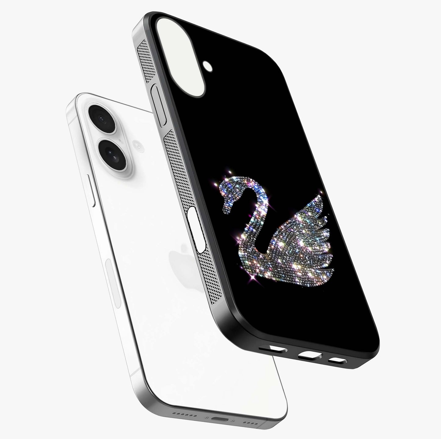 Starlit Swan Grace Glass Case laid diagonally highlighting side profile, edges and glossy glass shine.