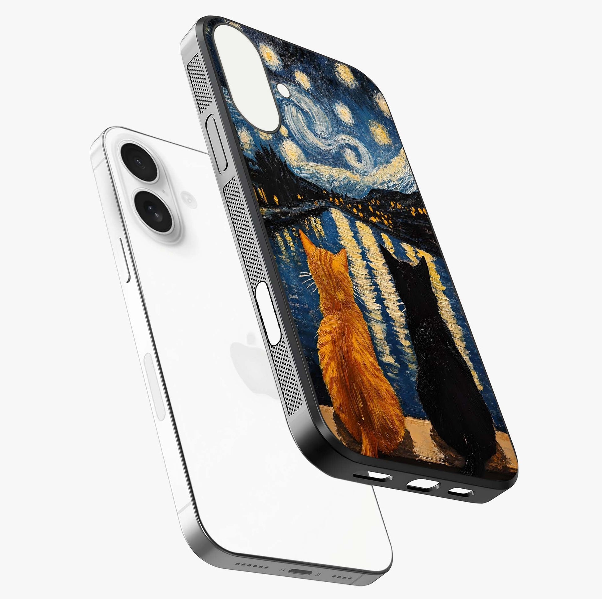 Starry River Cats Glass Case laid diagonally highlighting side profile, edges and glossy glass shine.
