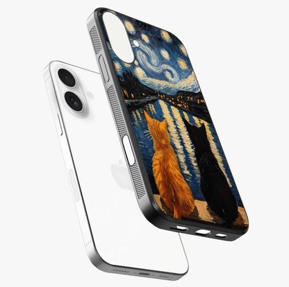Starry River Cats Glass Case laid diagonally highlighting side profile, edges and glossy glass shine.