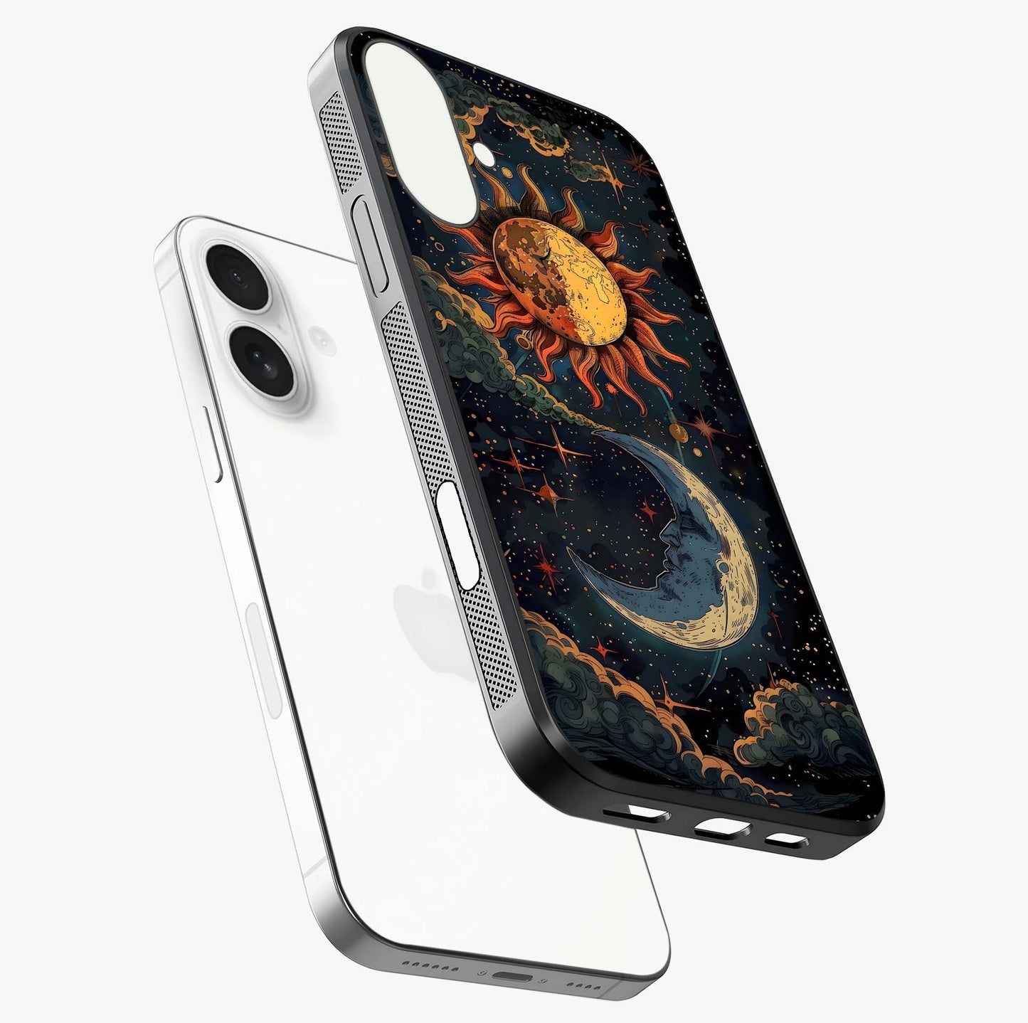 Sun And Moon Magic Design Glass Case laid diagonally highlighting side profile, edges and glossy glass shine.