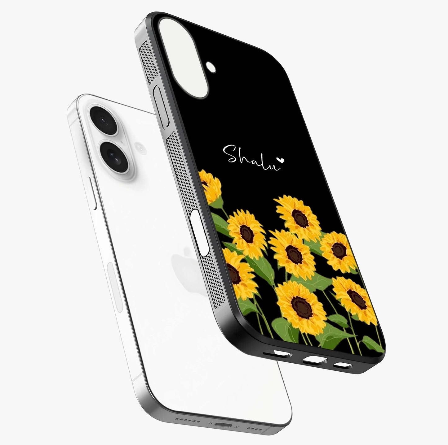 Sunflower Chic Mood Custom Name Glass Case laid diagonally highlighting side profile, edges and glossy glass shine.