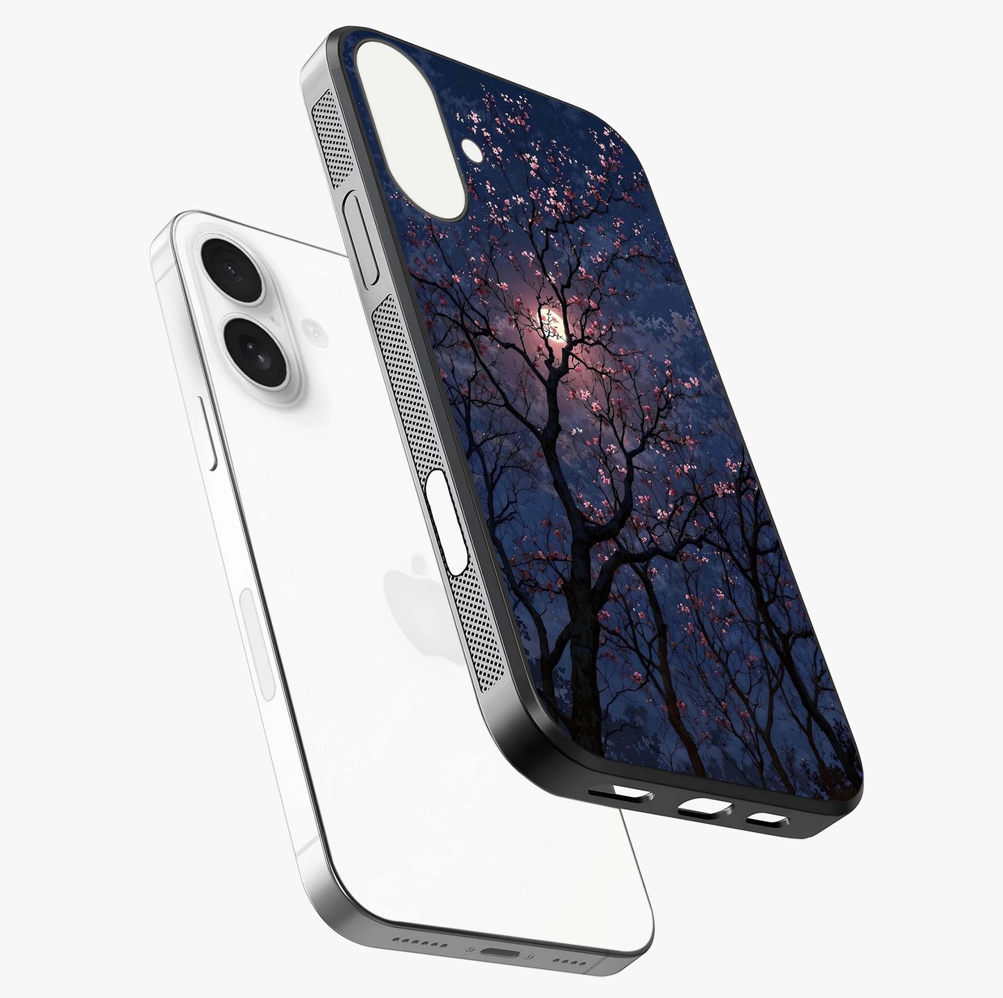 Twilight Sakura Serenade Glass Case laid diagonally highlighting side profile, edges and glossy glass shine.