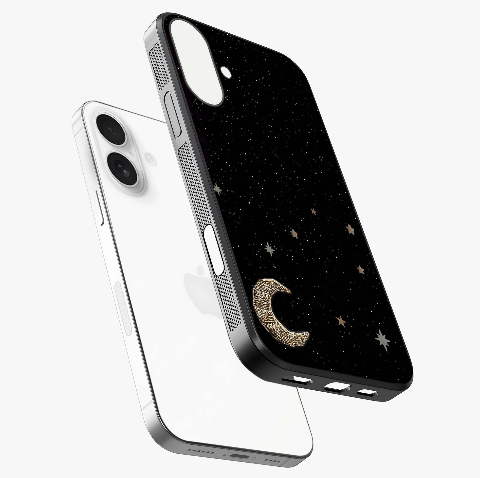 Twinkle Star With Half Moon Glass Case laid diagonally highlighting side profile, edges and glossy glass shine.