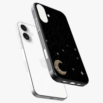 Twinkle Star With Half Moon Glass Case laid diagonally highlighting side profile, edges and glossy glass shine.