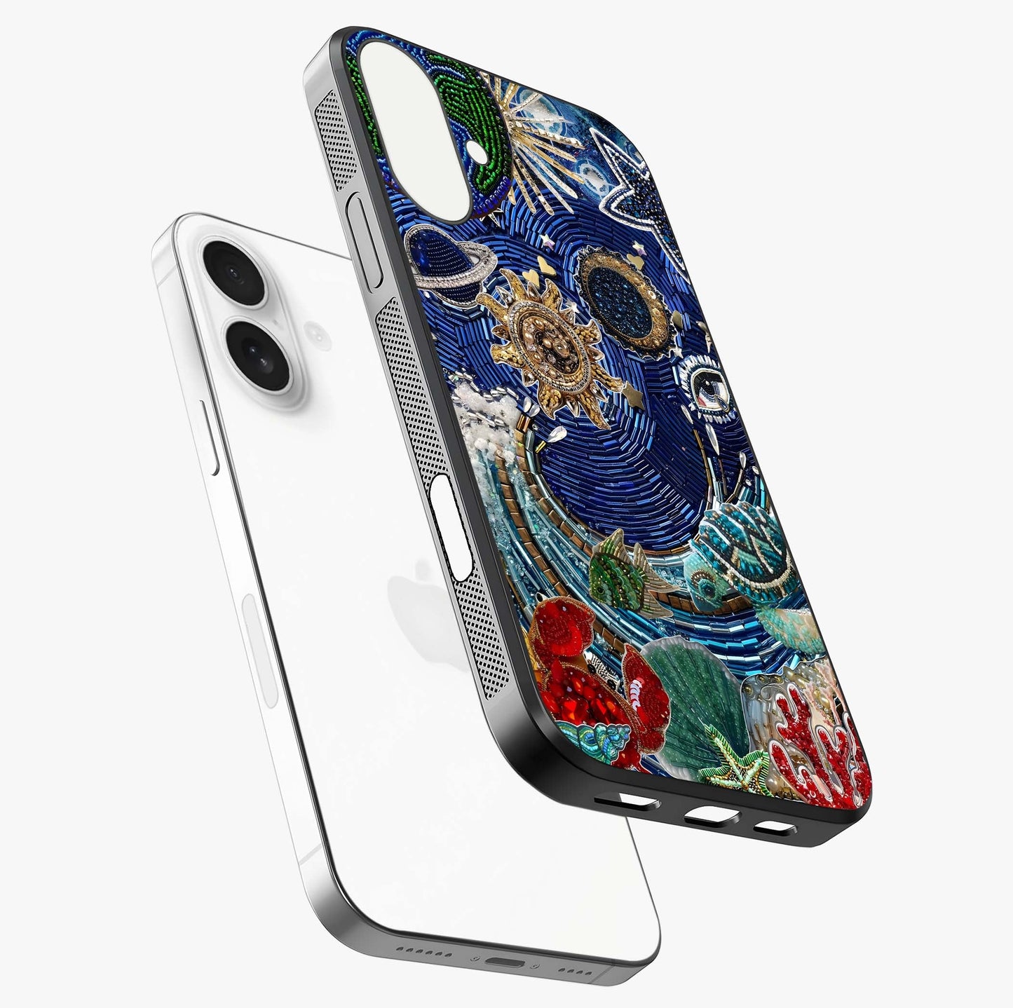 Universe Underwater Spark Glass Case laid diagonally highlighting side profile, edges and glossy glass shine.